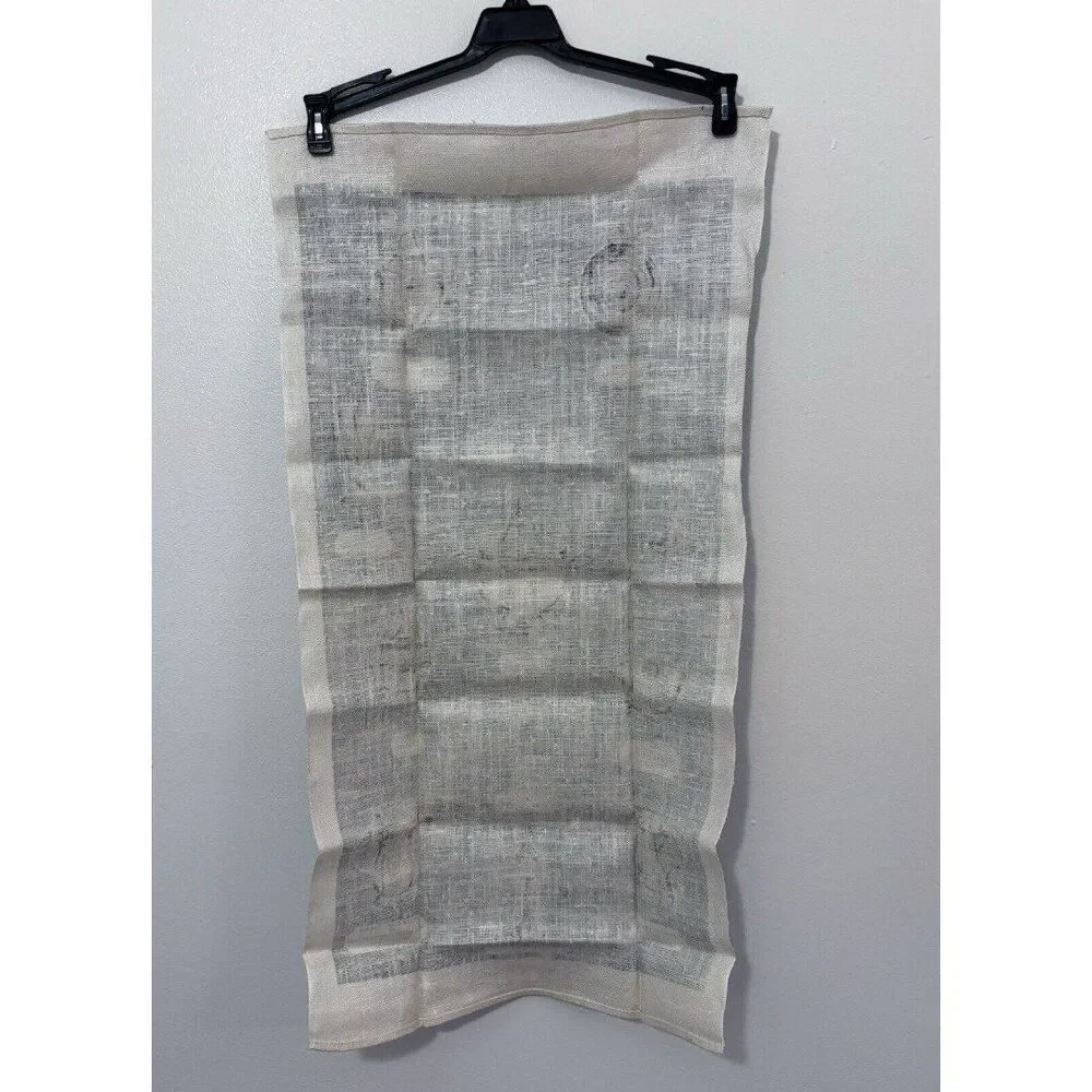 Vintage American Pewter Pieces Linen Tea Towel Blue Grey Cream 31x16